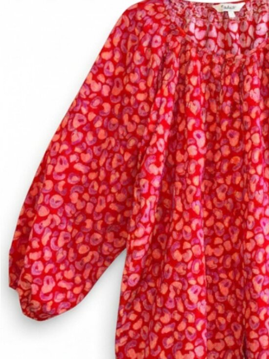 Tucker Silk Blend Coral Hugs & Kisses Smocked Boho Print Blouse L Designer - Picture 5 of 8